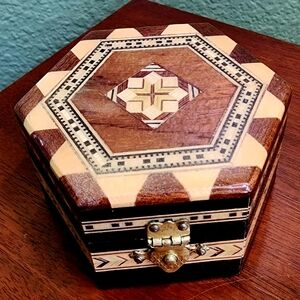 Inlaid Wood Box with Red Velvet Linening & Brass Latch
